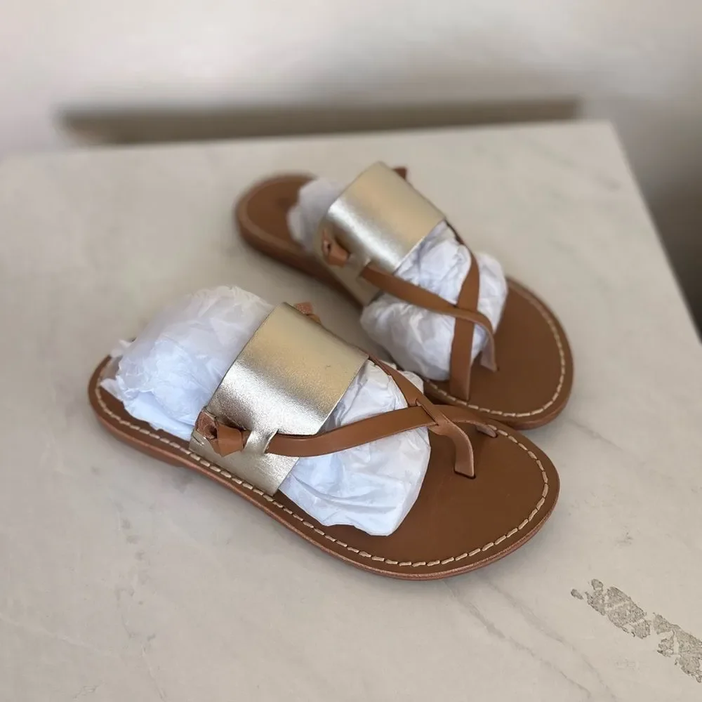 Soludos Platinum and Tan Slotted Thong Leather Strappy Sandal Size 5.5